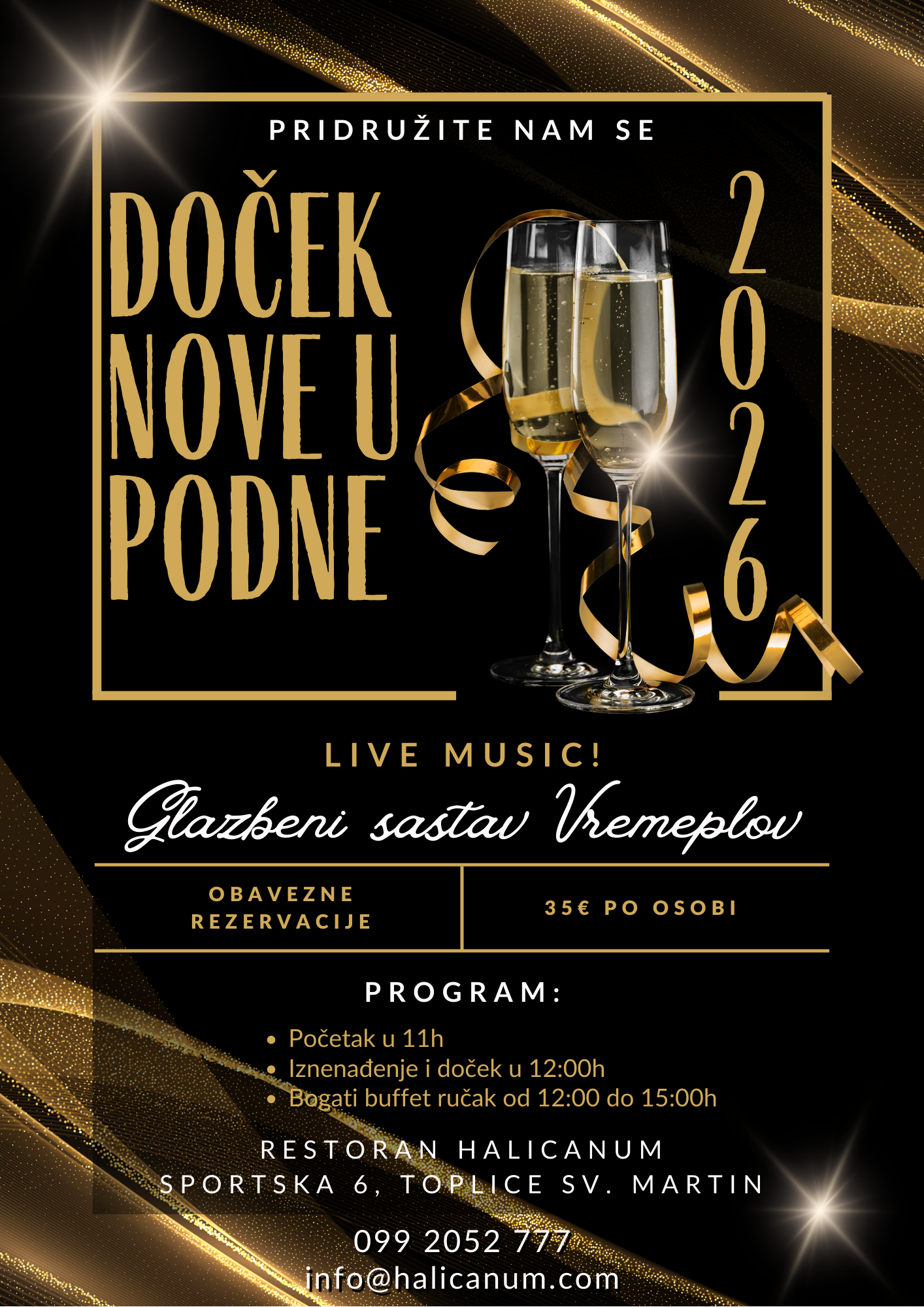 Drugačiji doček Nove godine u Halicanumu. Uz live svirku i bogati švedski stol. Rezervacije obavezne, startamo od 11 sati, vidimo se!